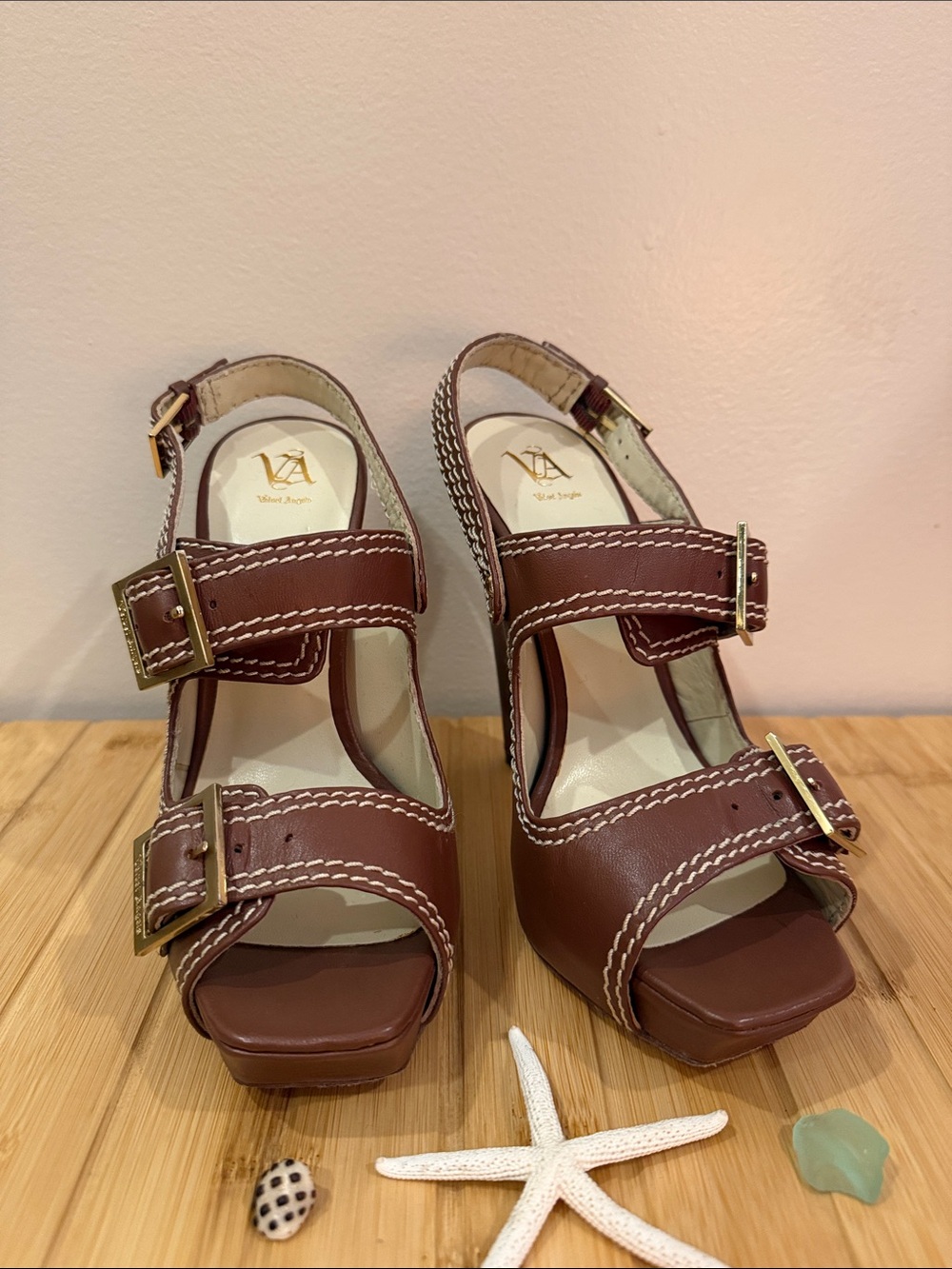 Velvet Angels Brown Buckle Strap Block Heels